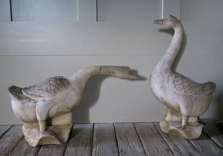 Pair Marble Geese, c1930, Italy