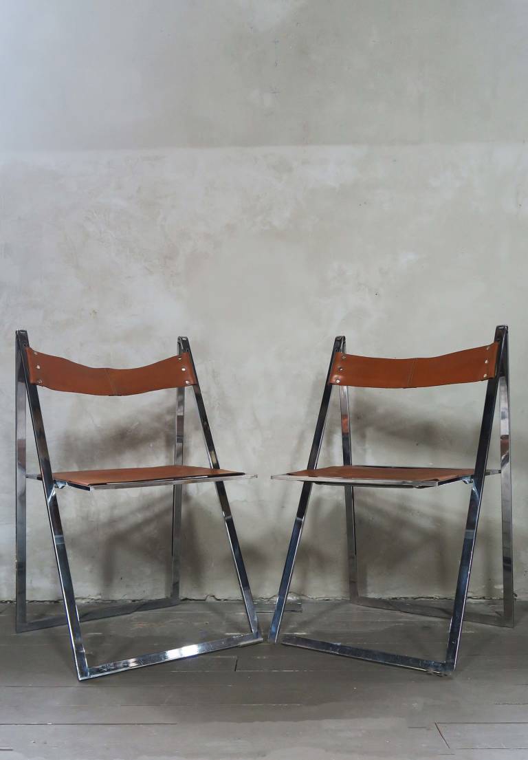 Pair Leather & Chrome Folding Chairs c1950