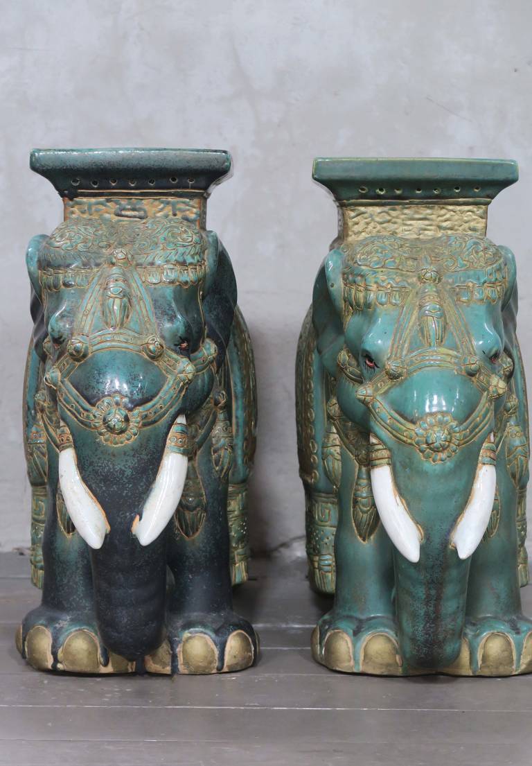 Pair elephant glazed stools