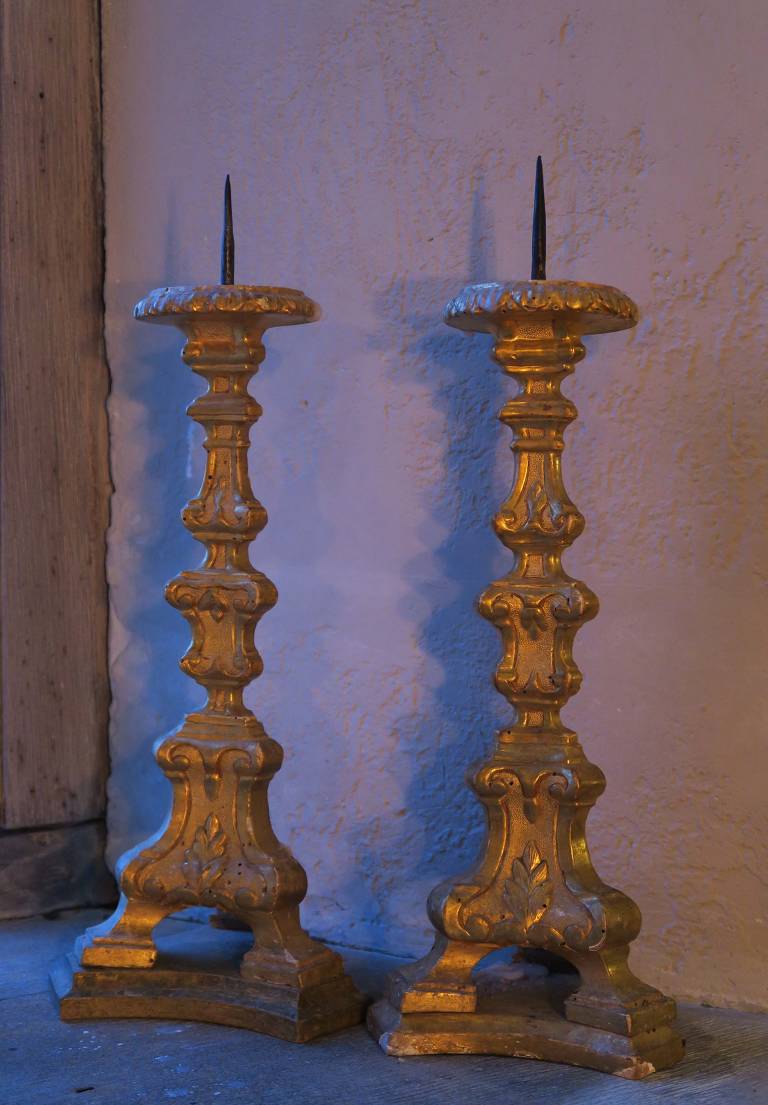 Pair carved gilt candlesticks, c1750, Italy