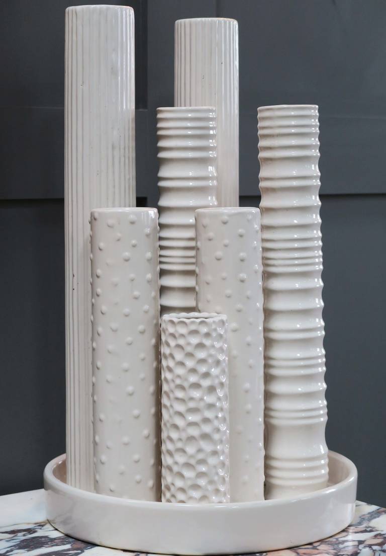 Ceramic tray with 6 vases, c1980, Italy