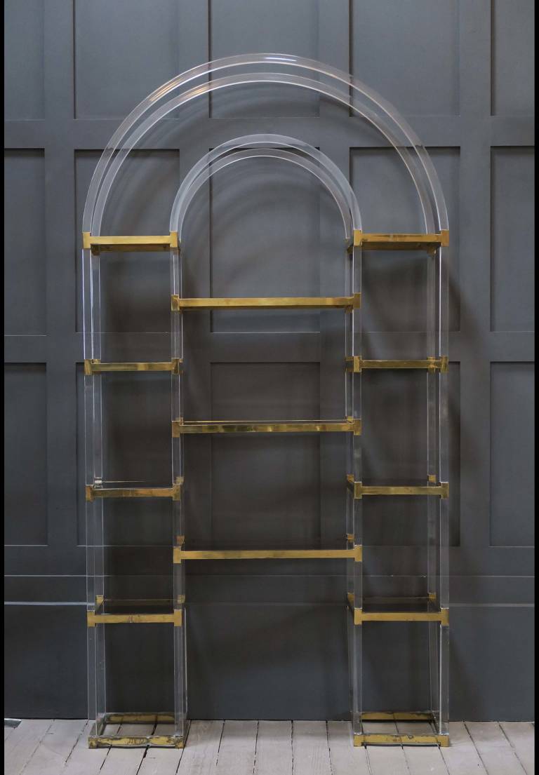Lucite & Brass Arched Shelving unit