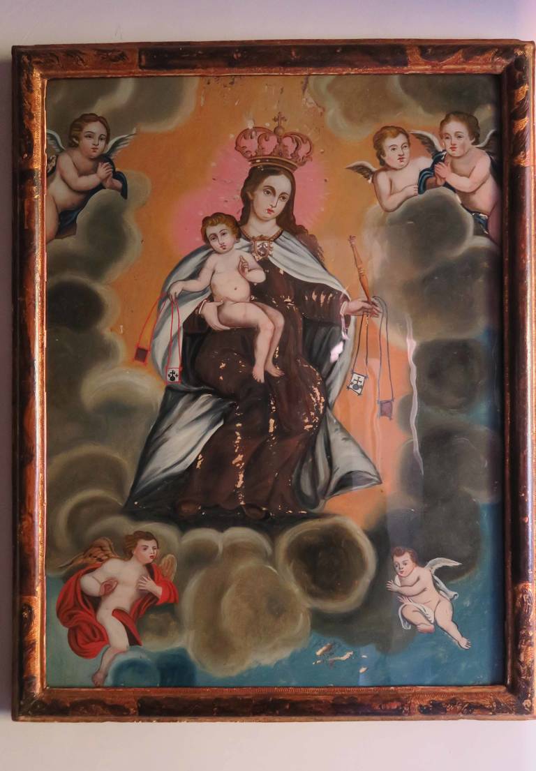 Glass painting of Madonna & child, 18C Spain