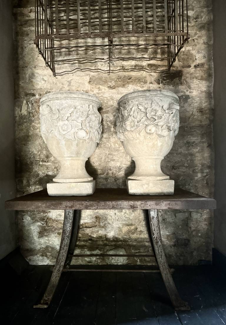 Pair carved stone urns, circa 1680, Italy