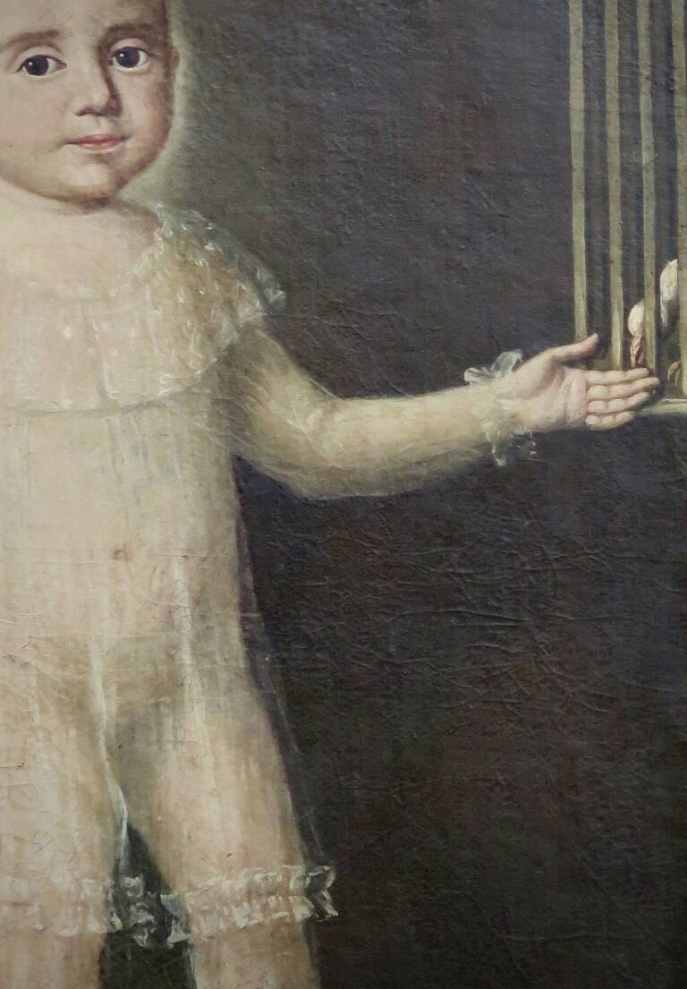 Painting of Child & caged bird, 18C, Italy