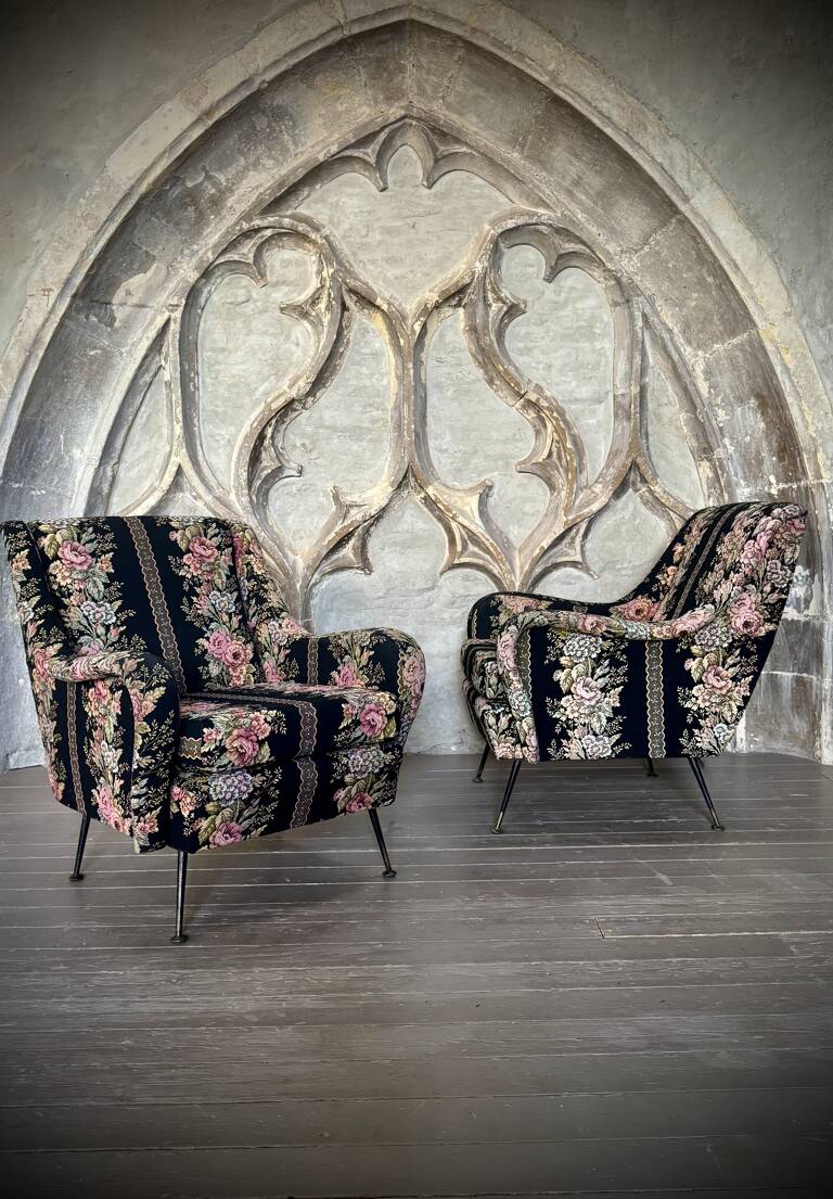 Pair armchairs, original fabric, circa 1950,