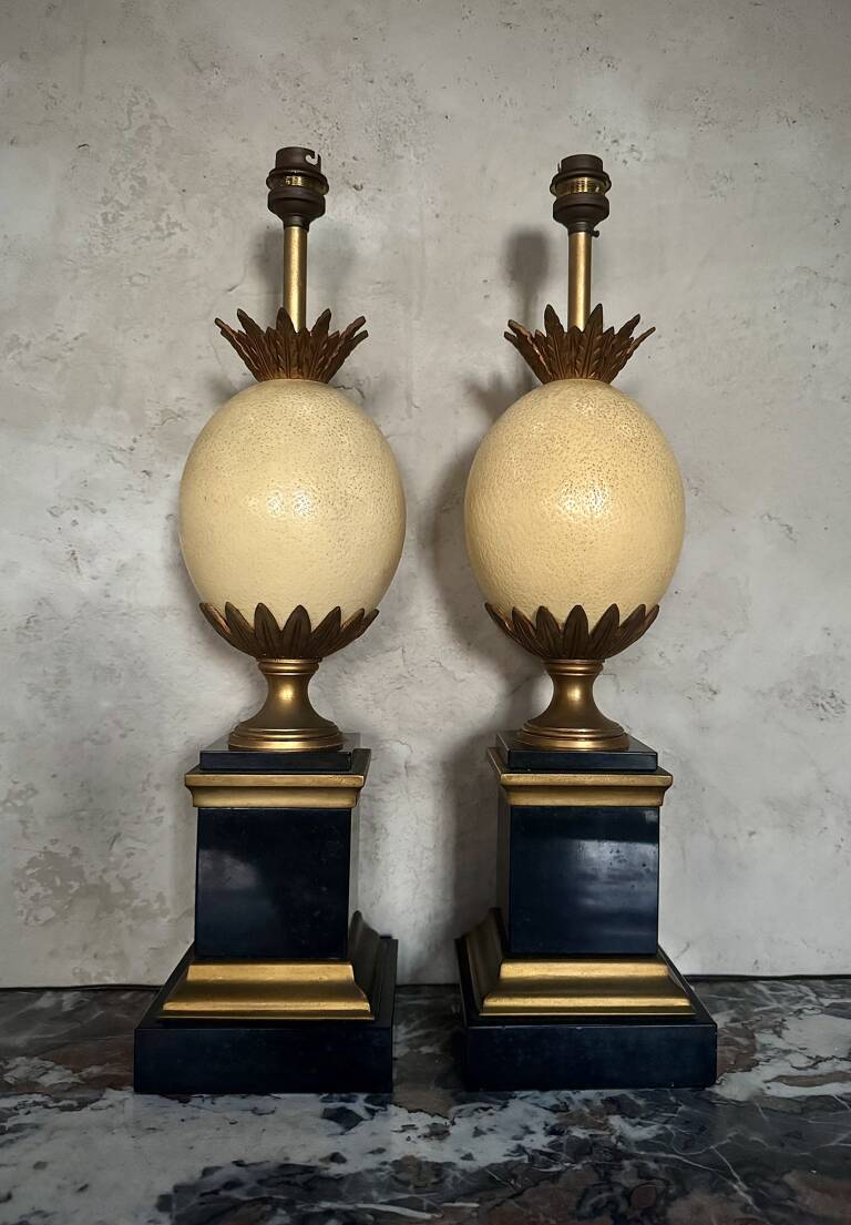 Pair Ostrich Egg lamps, circa 1960, France